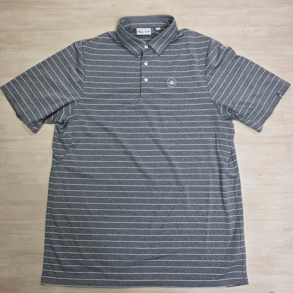 KJUS Mens Golf Polo Shirt Gray White Stripe Comfort Fit Short Sleeve UPF 50+ XXL